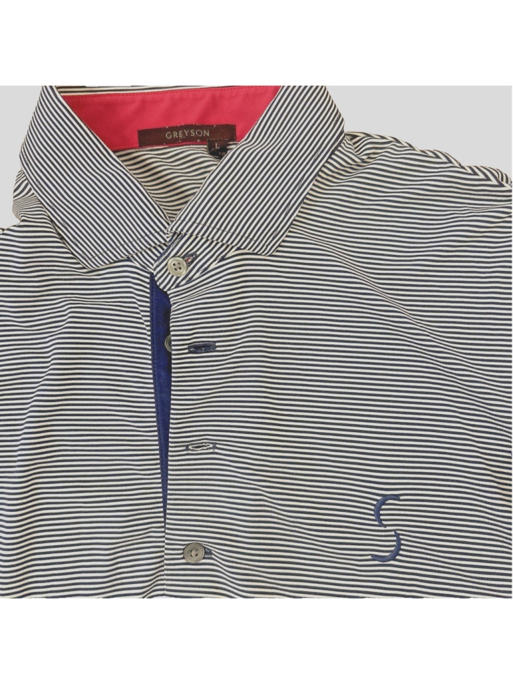 Greyson Navy/White Striped Short Sleeve Performance Polo Sebonack Golf Club L